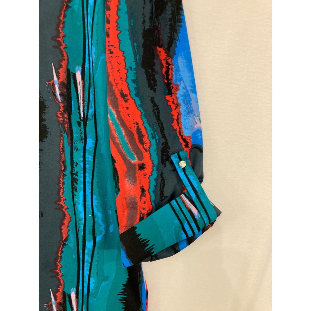 Cocomo‎ Blouse XL Blue Red Abstract Roll Tab Sleeve Stretch Popover Preppy - Picture 4 of 8